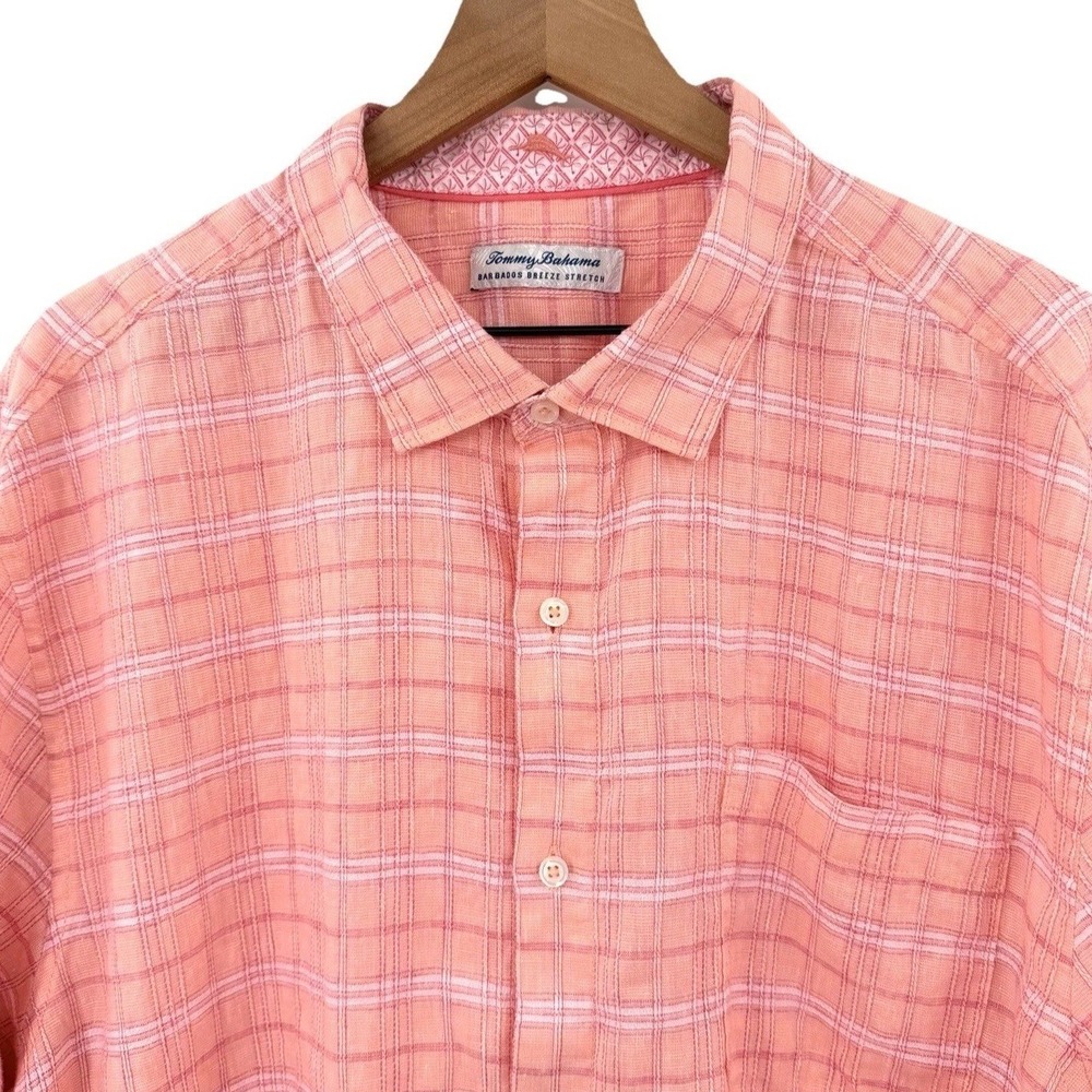 Tommy Bahama Barbados Breeze Stretch Mens XXL Pink Linen Plaid Shirt Beachy